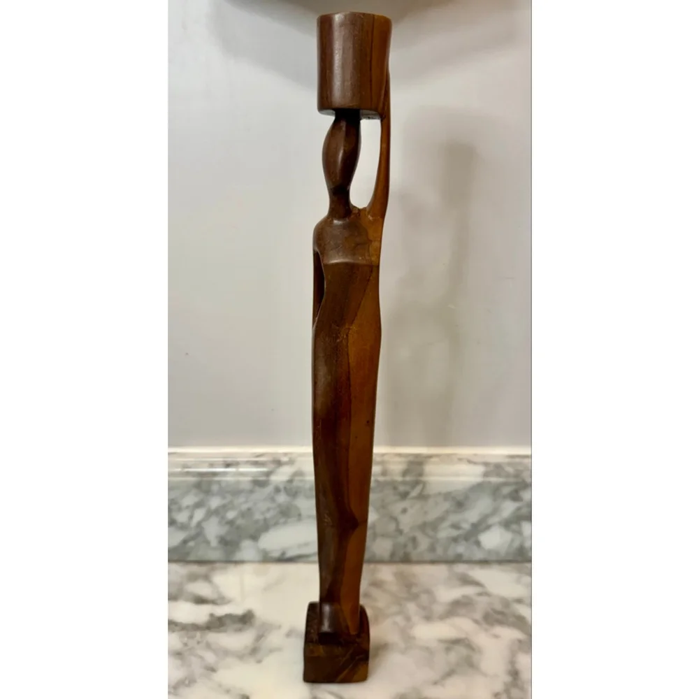 Vintage Mid Century Hand Carved Wooden Female Figure Candle Holder African 17”